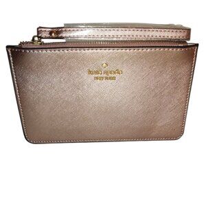 Kate Spade Rose Gold Shimmer Large Zip Wristlet Wallet Gold Tone Hardware